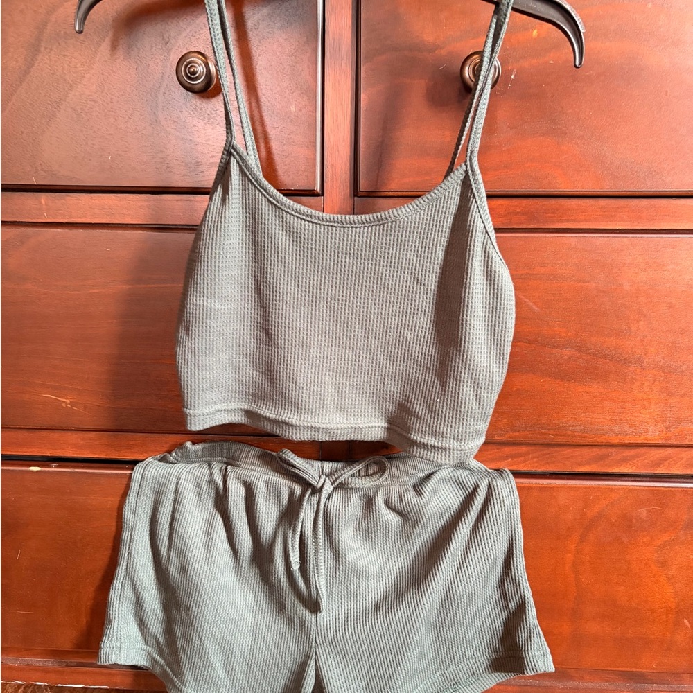 Green Ribbed Tank and Shorts Set